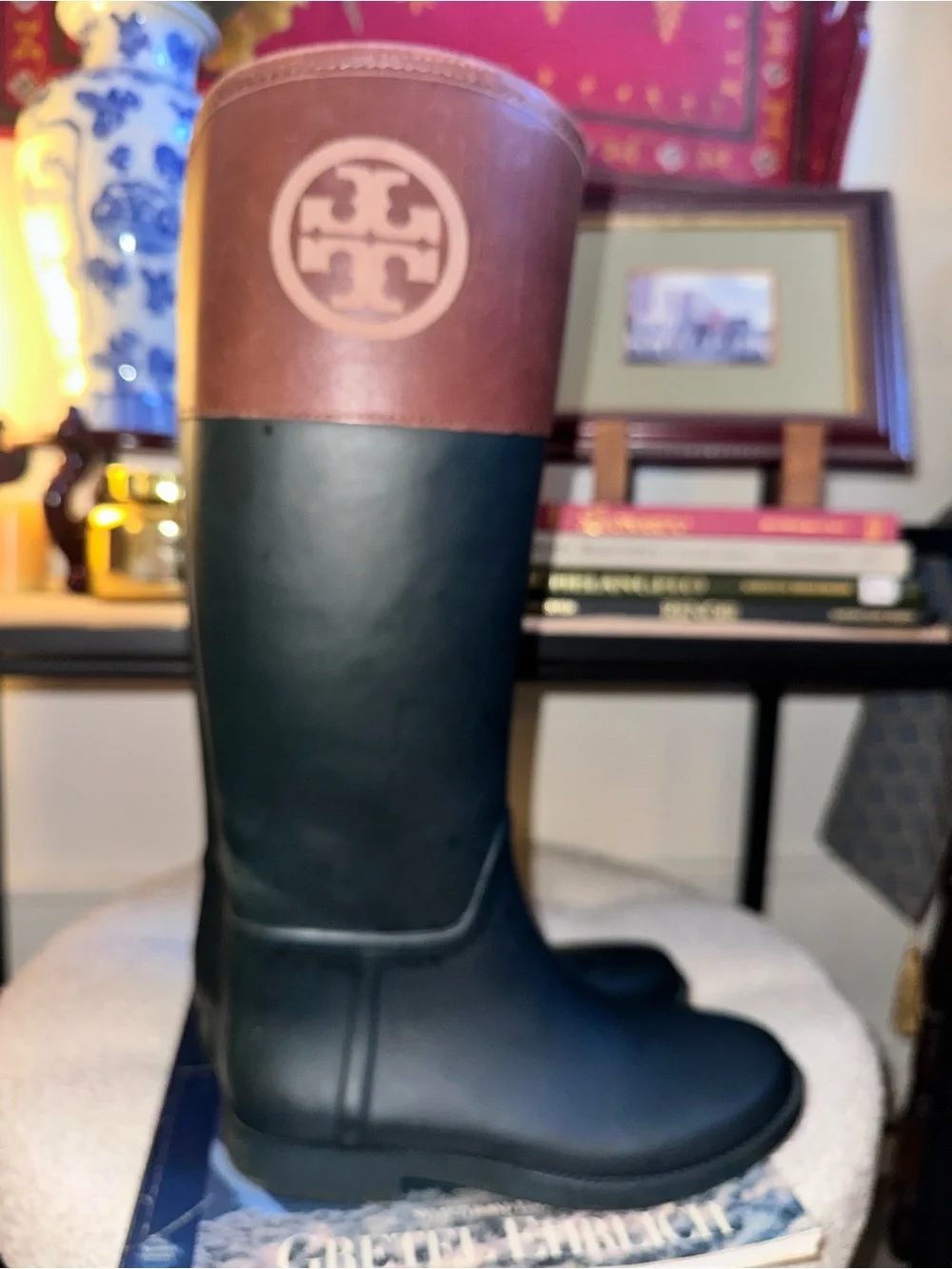 Tory Burch Black Rubber Rain Boots with Brown Logo Cuff